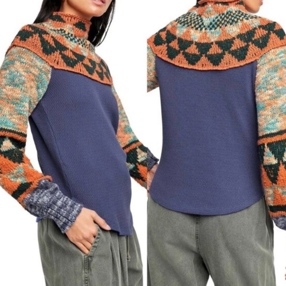 Free People Swit The Small Stuff Sweater in Navy Combo sz xs NWT $128R - Picture 2 of 6